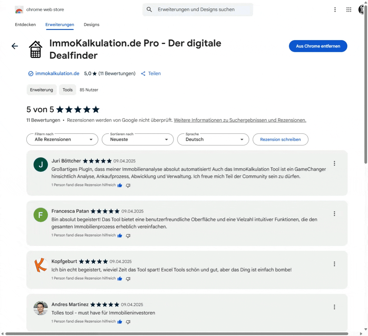 5-Sterne Bewertungen im Chrome Web Store