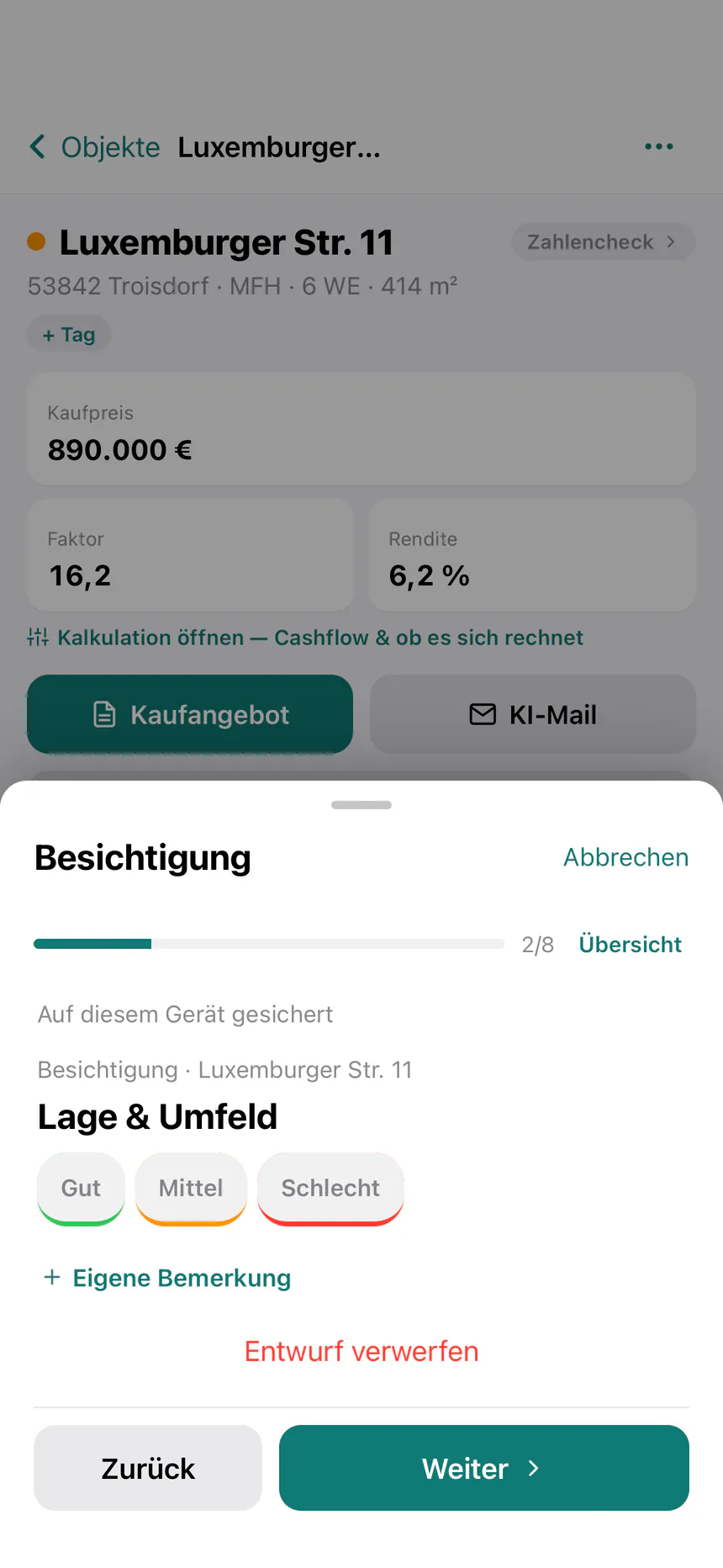 immoJUMP-App, geführte Besichtigung: Schritt „Lage & Umfeld“ mit der Bewertung Gut, Mittel oder Schlecht und Fortschrittsbalken