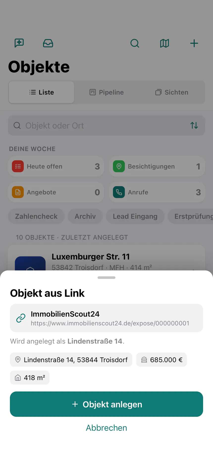 immoJUMP-App: geteiltes Inserat wird zum Objekt, Adresse, Kaufpreis und Wohnfläche sind aus dem Inserat übernommen, Knopf „Objekt anlegen“