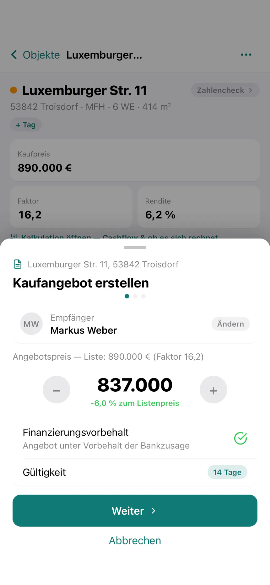 immoJUMP-App: Kaufangebot erstellen mit Empfänger, Angebotspreis 837.000 € (6 % unter dem Listenpreis), Finanzierungsvorbehalt und Gültigkeit