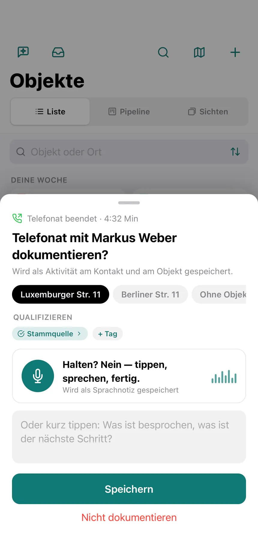 immoJUMP-App nach einem Anruf: „Telefonat mit Markus Weber dokumentieren?“ mit Objektauswahl, Kontaktstatus und Knopf für die Sprachnotiz
