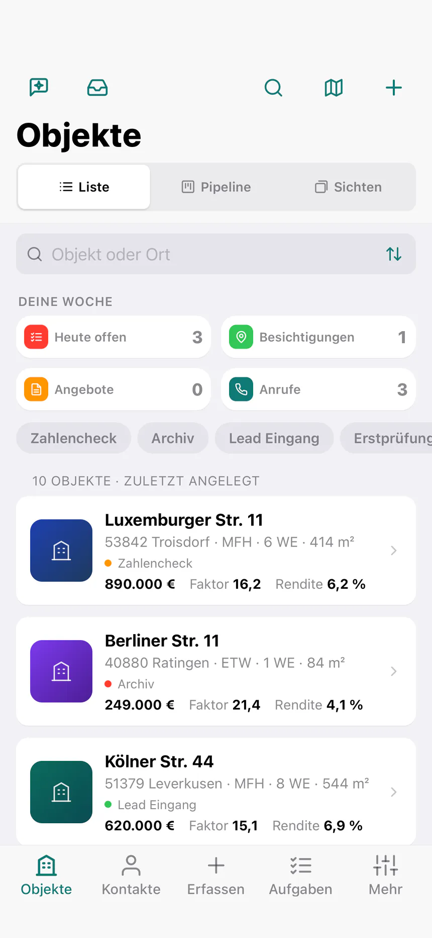 immoJUMP-App, Objektliste: „Deine Woche“ mit offenen Aufgaben, Besichtigungen, Angeboten und Anrufen, darunter die Objekte mit Kaufpreis, Faktor und Rendite