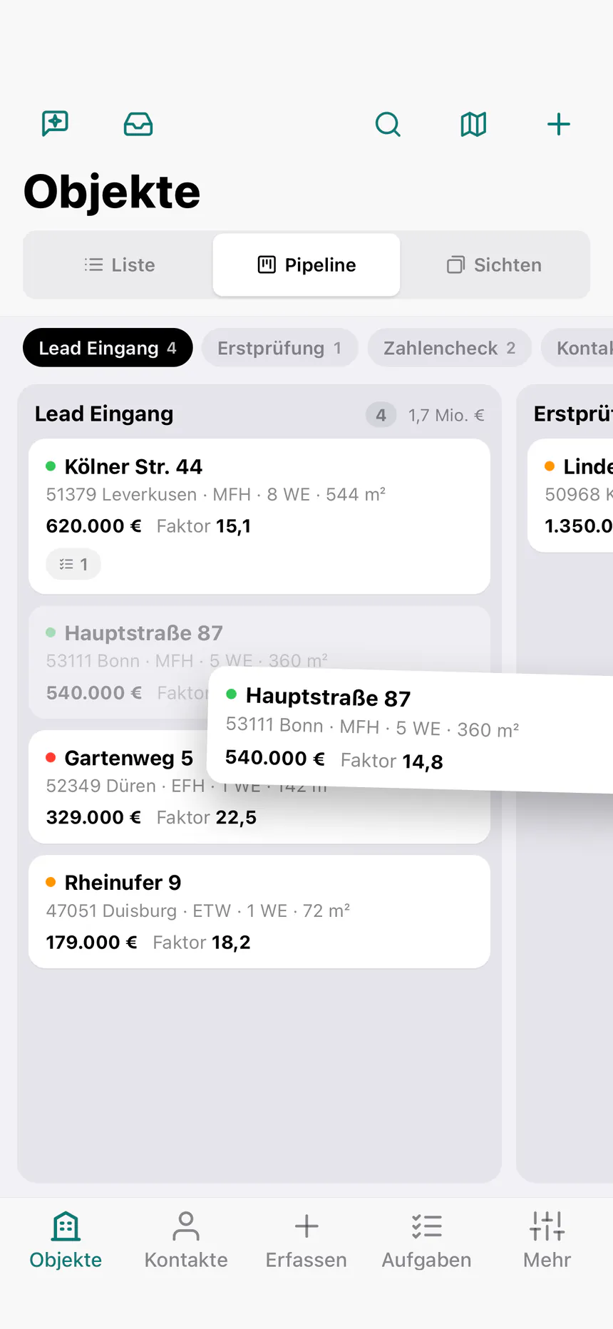 immoJUMP-App, Pipeline als Board: ein Objekt wird gehalten und in die nächste Phase gezogen