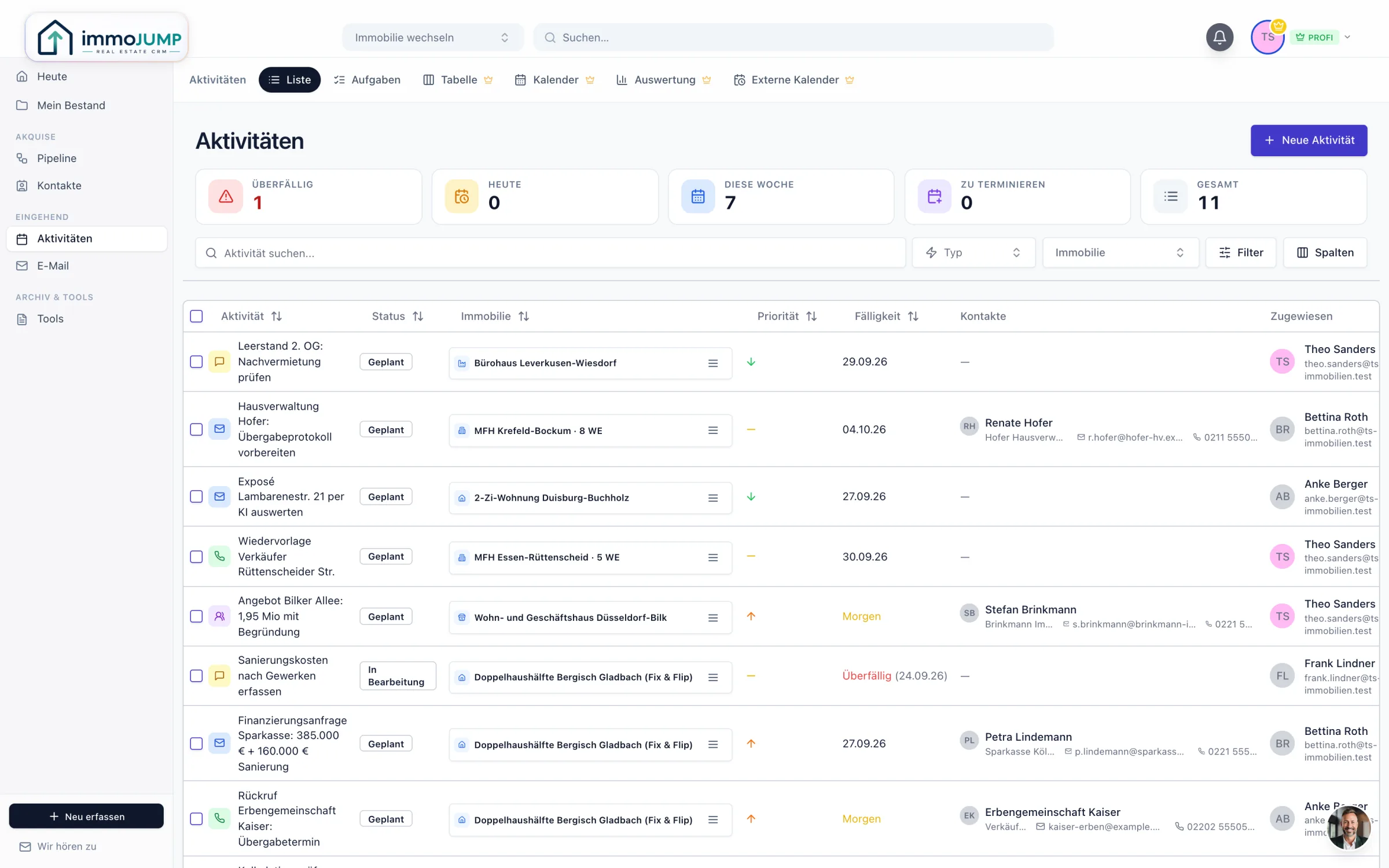 immoJUMP Aktivitäten-Tabelle mit Fälligkeit und zugewiesenem Teammitglied