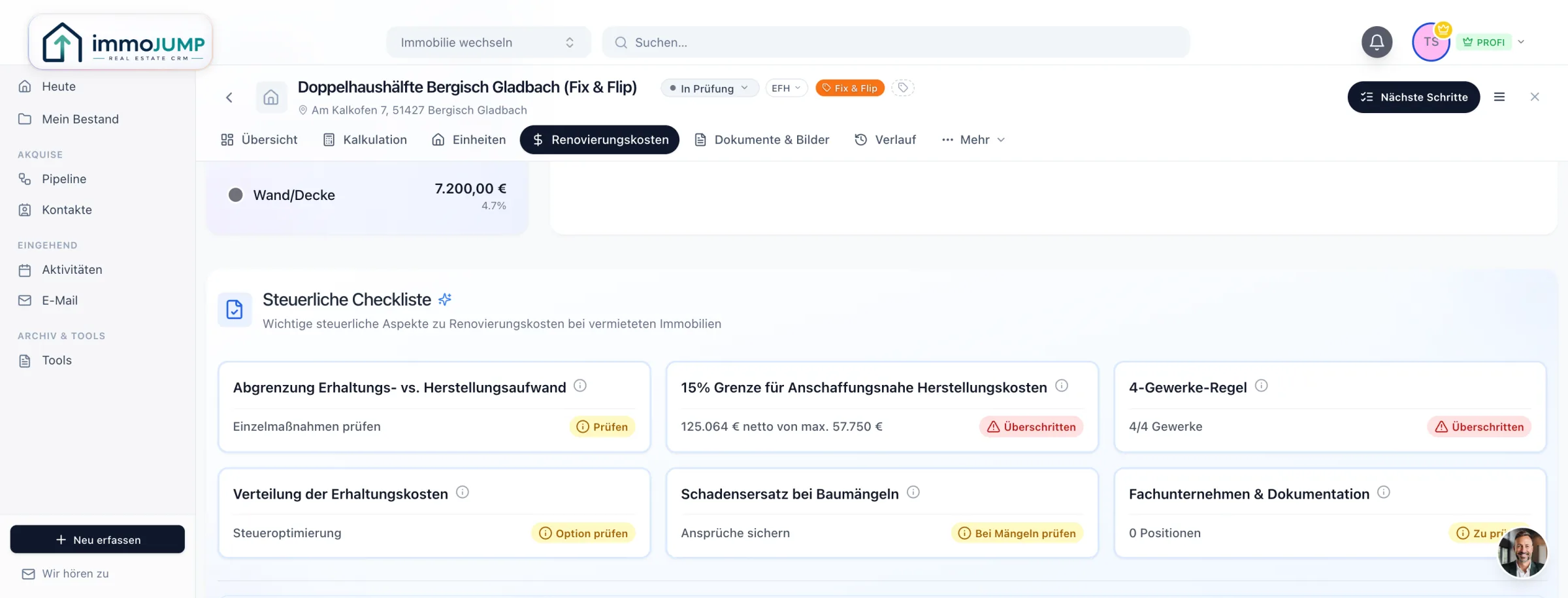 immoJUMP steuerliche Checkliste am Kostenplan: 15-%-Grenze und 4-Gewerke-Regel